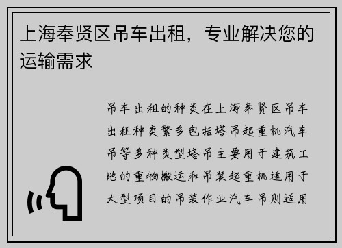 上海奉贤区吊车出租，专业解决您的运输需求